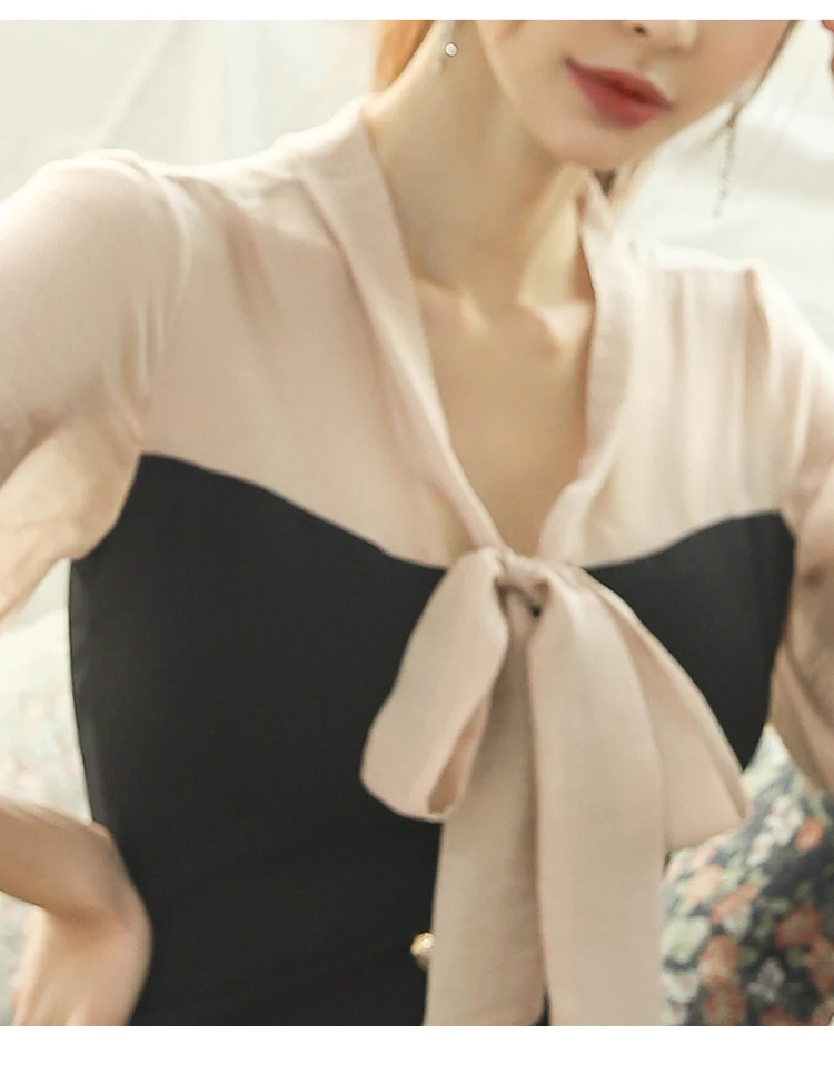 

2020 Winter Bowknot Puff Sleeve Color Patchwork Pencil Bodycon Midi Vestidos Women's OL Office Dress