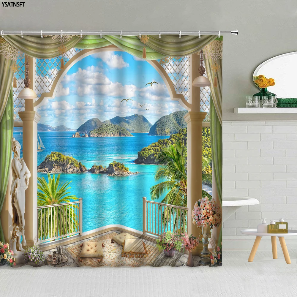 

3D Ocean Landscape Mountain Flower Shower Curtain Plant Waterfall Wooden Bridge Scenery Bathroom Supplies Fabric Curtains Decor