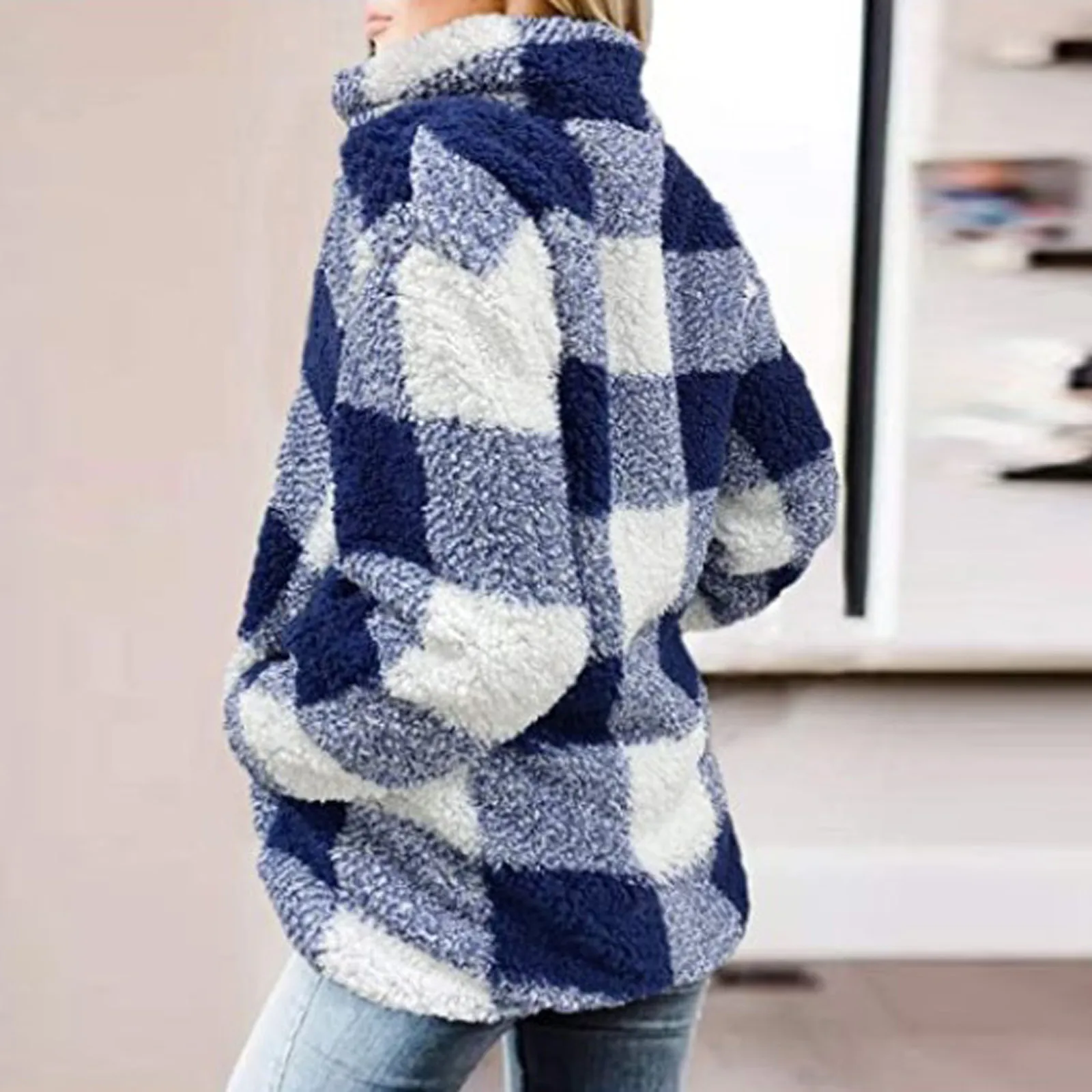 

2021 Women Vintage New Coat Loose Thick Plaid High Neck Pullover Plush Sweater Coat Women Fashion Sweater Pullovers