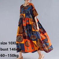 women ethnic printed dress plus size 10xl 60150kg large summer vintage dress big floral robe female cotton linen maxi dress
