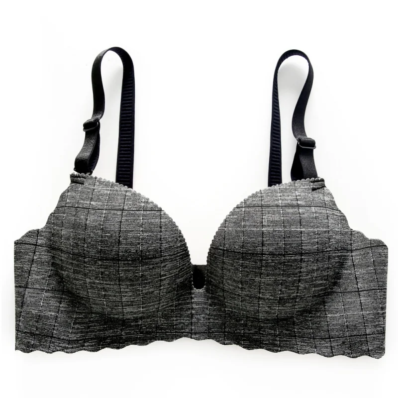 

Gathered Checkered Smooth One-Piece No-Ring Adjustable Bra Thin Palm Padded Bra