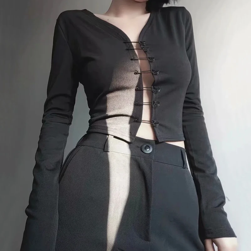 

WOMENGAGA Women Sexy V Neck Safety Pin Through Long Sleeved Top Summer Hot Sexy Knitting Pins Tees T Shirt J92L