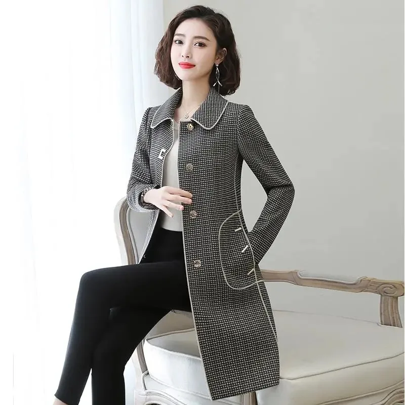 

Женское шерстяное пальто в клетку, новое винтажное однобортное приталенное пальто размером 4XL, Элегантное повседневное шикарное длинное ше...