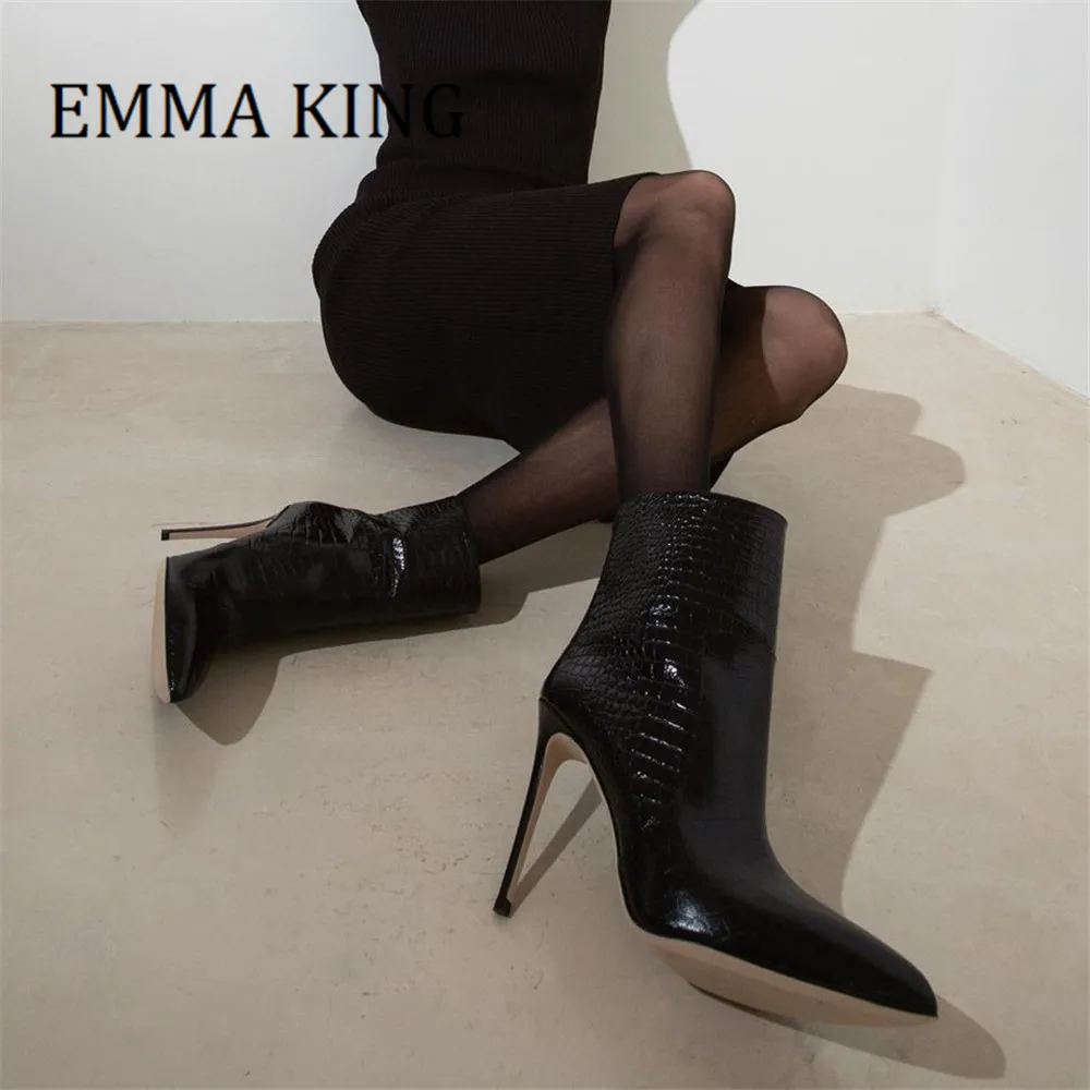 

Women Genuine Ankle Boots Crocodile Print 85mm High Heels Short Boots Sexy Pointed Toe Solid Color Women Winter Botas De Mujer