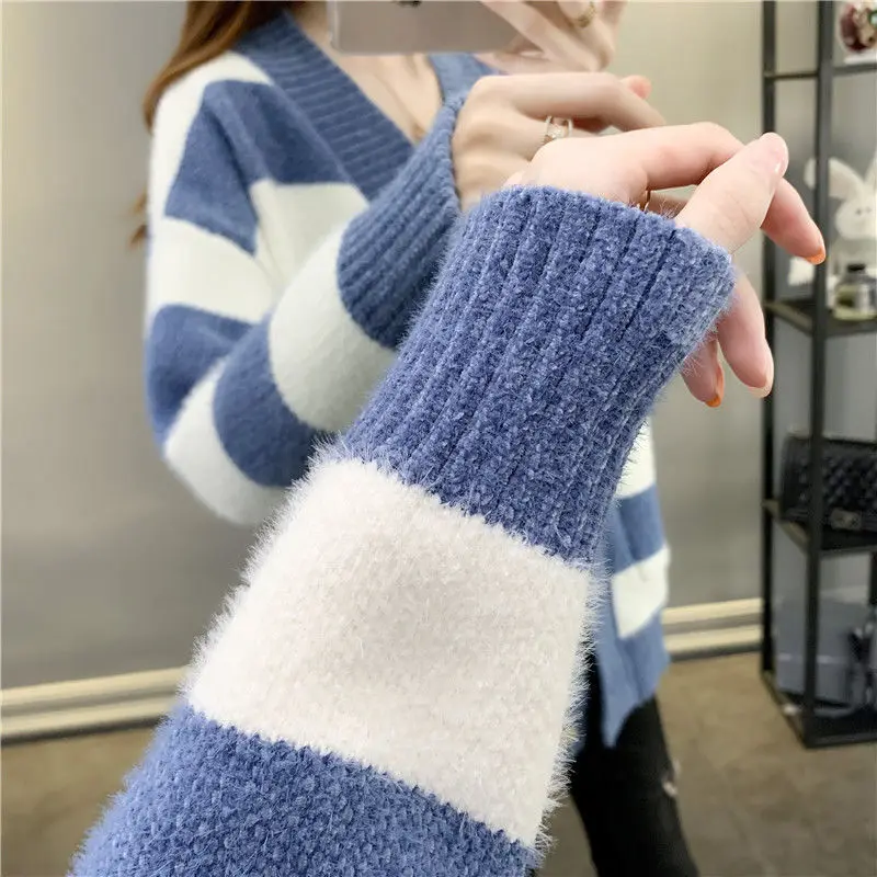 

EBAIHUI Striped Cardigan 2021 Women's Sweater V-Neck Chenille Knitwear Winter Spring Buttons Oversize Korean Style Sweaters Tops