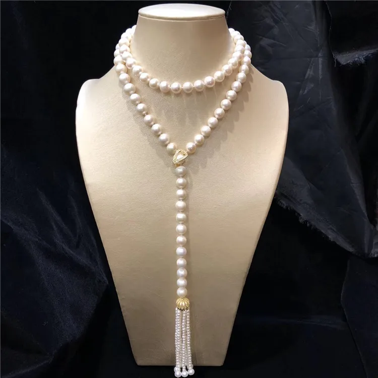 Hand knotted natural 9-10mm white freshwater pearl 90-95cm long sweater chain tassel necklace