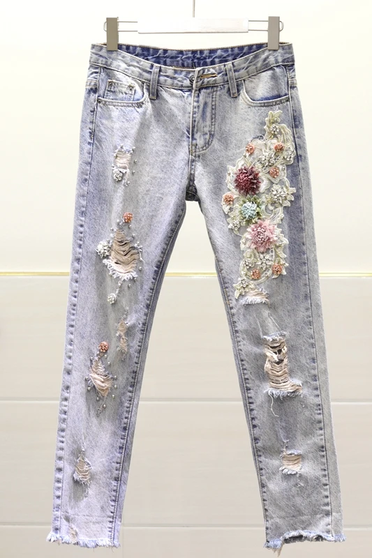 

Women's Jeans Two Piece Set Womens Outfits Industrial Beads Embroidered Jeans Set Long-sleeve Coat+holes Pencil Denim Pants Suit