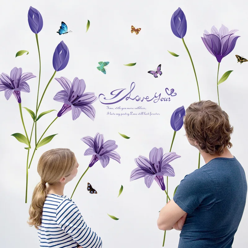 romantic purple lily flower wall sticker tv sofa decoration art vinyl home decor beautiful flower wallpaper butterfly wall decal free global shipping