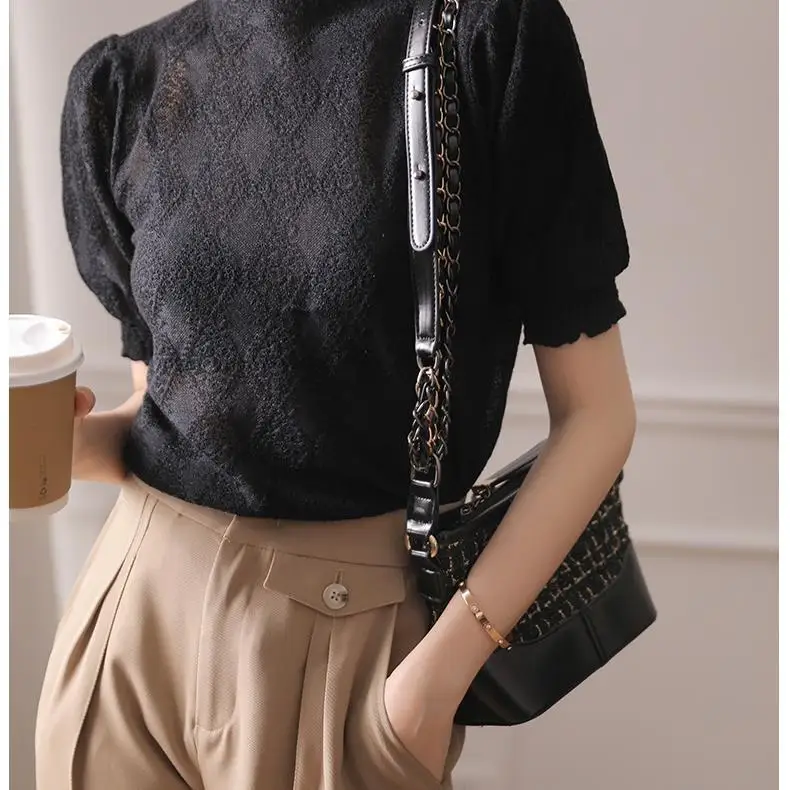 

White lace shirt 2021 new semi high collar short sleeve women's Jacquard top summer T-shirt bubble sleeve T-shirt