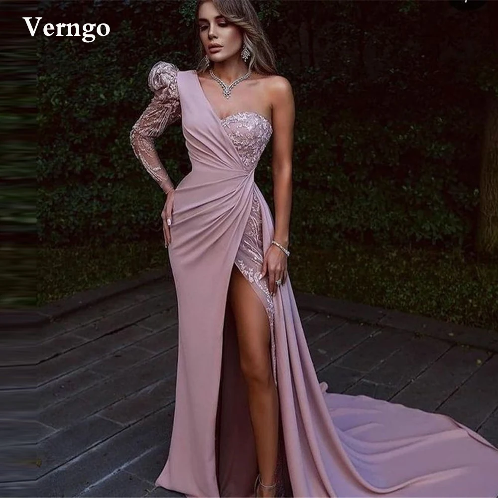 

Женское вечернее платье-Русалка Verngo, розовое пыльное кружевное платье на одно плечо, с длинным рукавом, стрейчевое атласное современное пла...