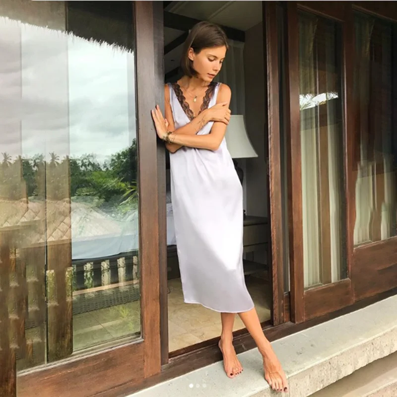 

2020 Fashion Midi Elegant Dresses Sexy Lace Patchwork Satin Dress Women Sleeveless Vest Front and Back Deep V Neck Party Dress