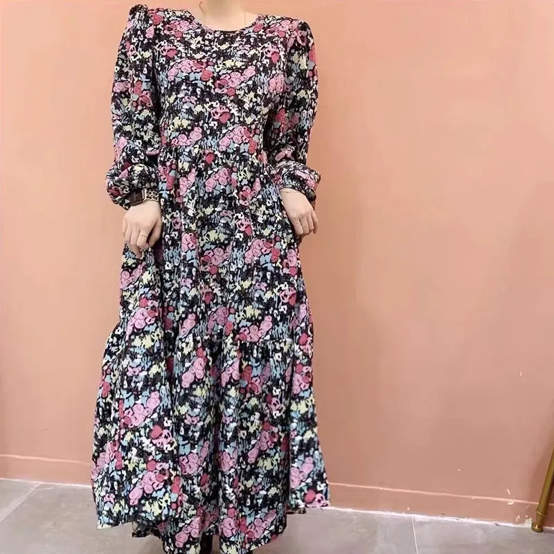 

2021 Spring and Autumn Women's Korean Fan Puff Sleeve Loose and Skinny After Bandage Temperament Floral Dress Women