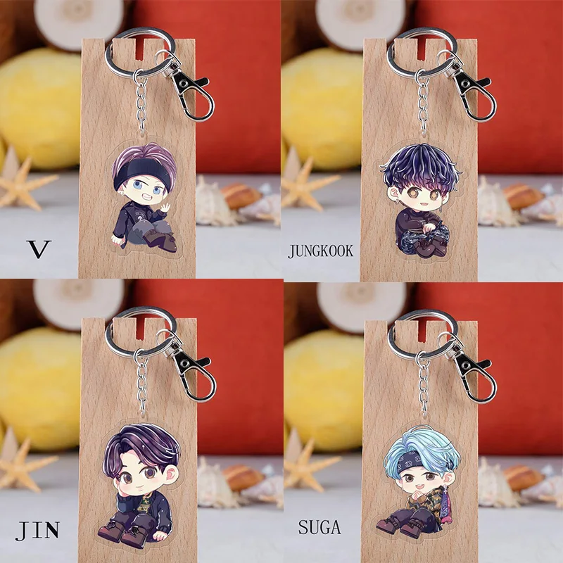 

1 Pcs Kpop Bangtan Boys Keychain RM Jimin V SUGA J-HOPE JUNGKOOK JIN Cute Cartoon Double-sided Transparent Acrylic Pendant