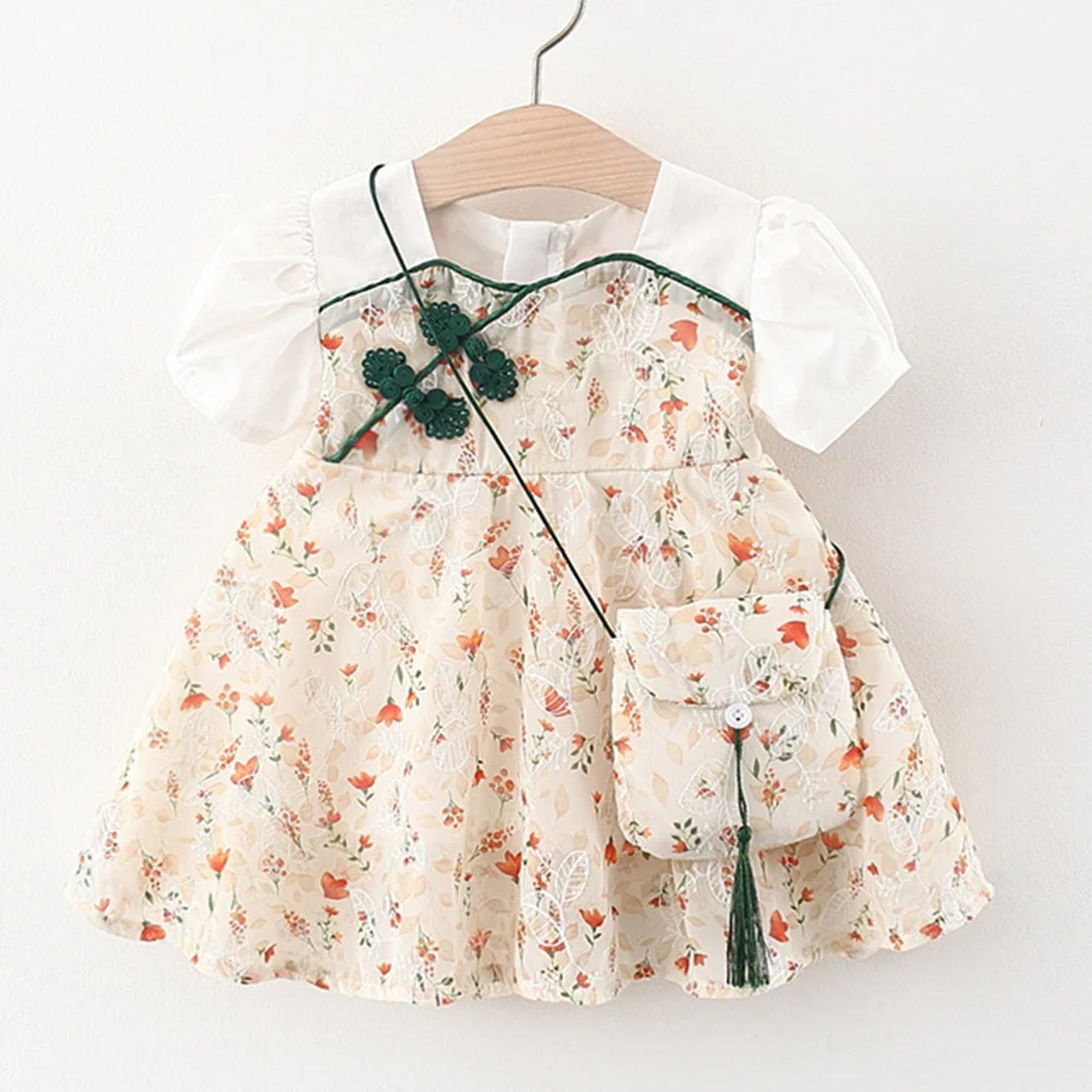 

Chinese Style Floral Girls Summer Dress Cheongsam Vintage Elegant Birthday Childrens Clothing With Bag