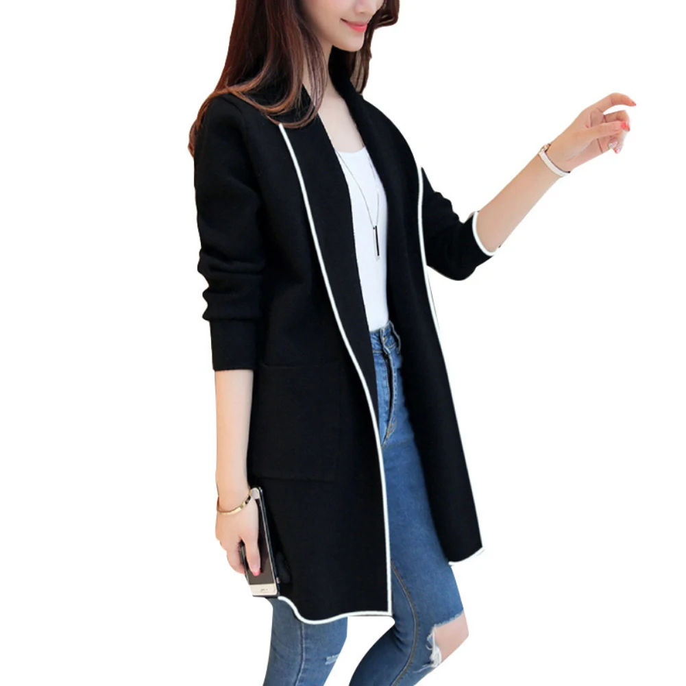 Зимний Однотонный женский теплый вязаный свитер с отворотом длинное пальто