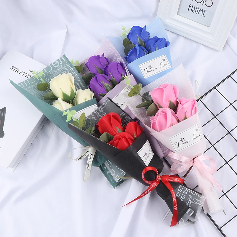 

Beautiful 3Heads Rose Bouquet Hand Holding Soap Flower Mother's Day Gift Mini Bouquet Birthday Gift Decor Artificial Flowers