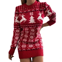 long sleeve christmas pattern sweater women dress jacquard o neck ribbed cuff xmas knitted pullover dress knitwear