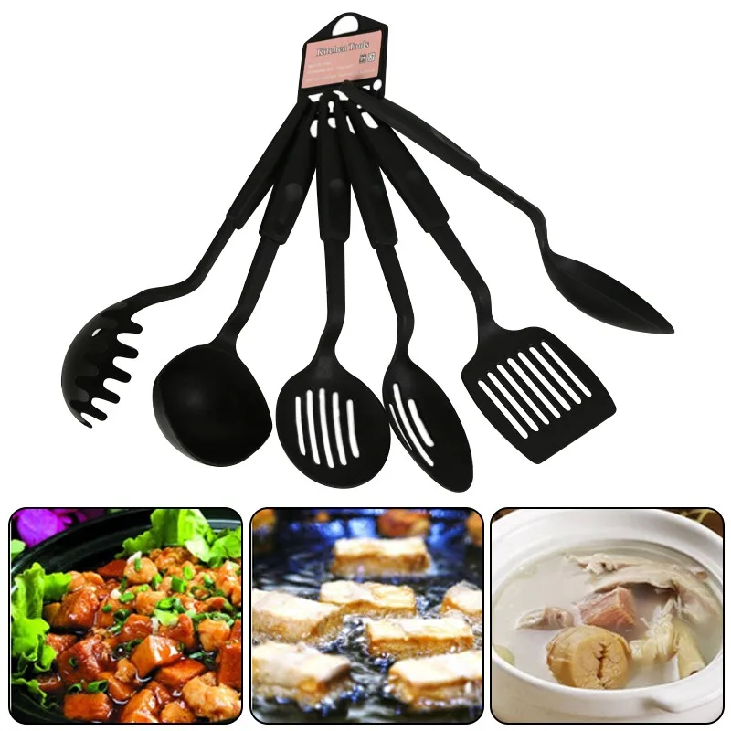 Black 6pcs/set Kitchen Utensils Set Non-stick Kitchenware Cooking Tools Spoon Soup Ladle Spatula Shovel Gadget Accessories | Дом и сад