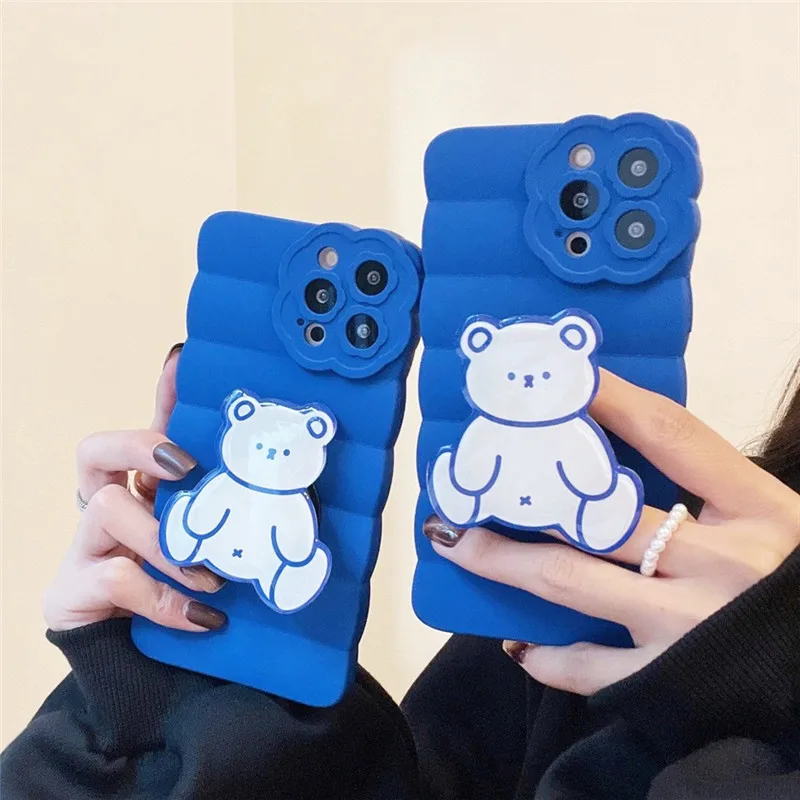 

Blue Silicone Soft Shell Cartoon Bear Folding Bracket Protective Cover Phone Cases For iPhone 13 12 11 Pro XS MAX XR X 8 7 Plus