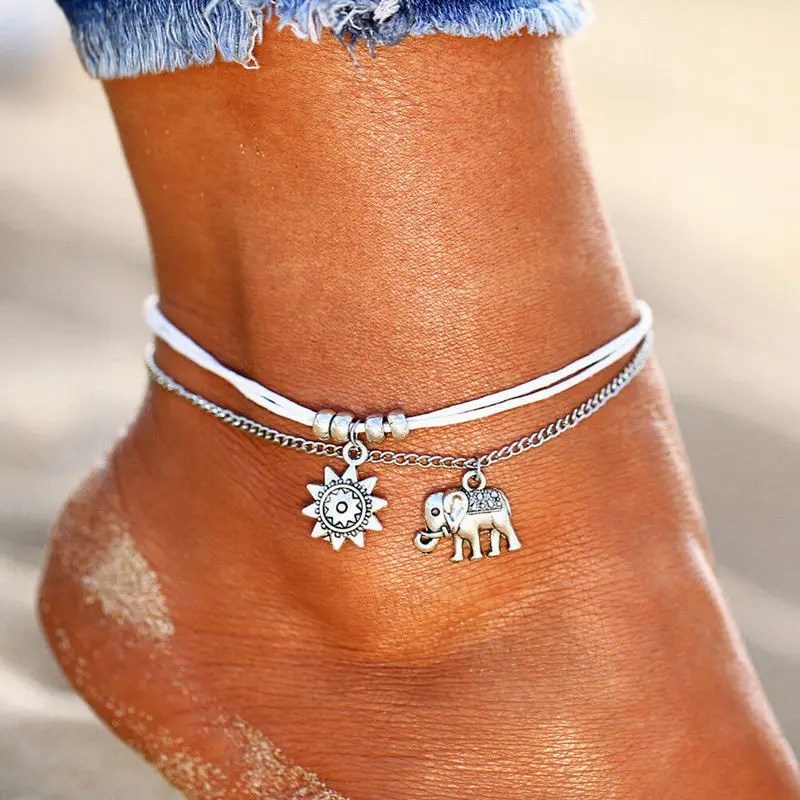 

2Pcs NEW Ocean Wave Shell Charm Anklets Bracelet for Women Silver Elephant Chain Foot Anklet for Female Boho Beach Jewelry