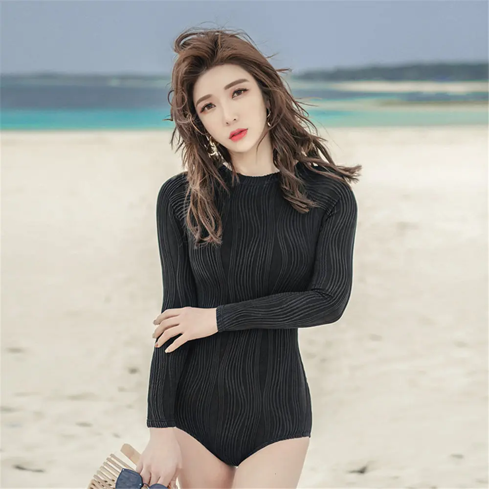 Слитный купальник с длинным рукавом Женский однотонный на молнии купальный