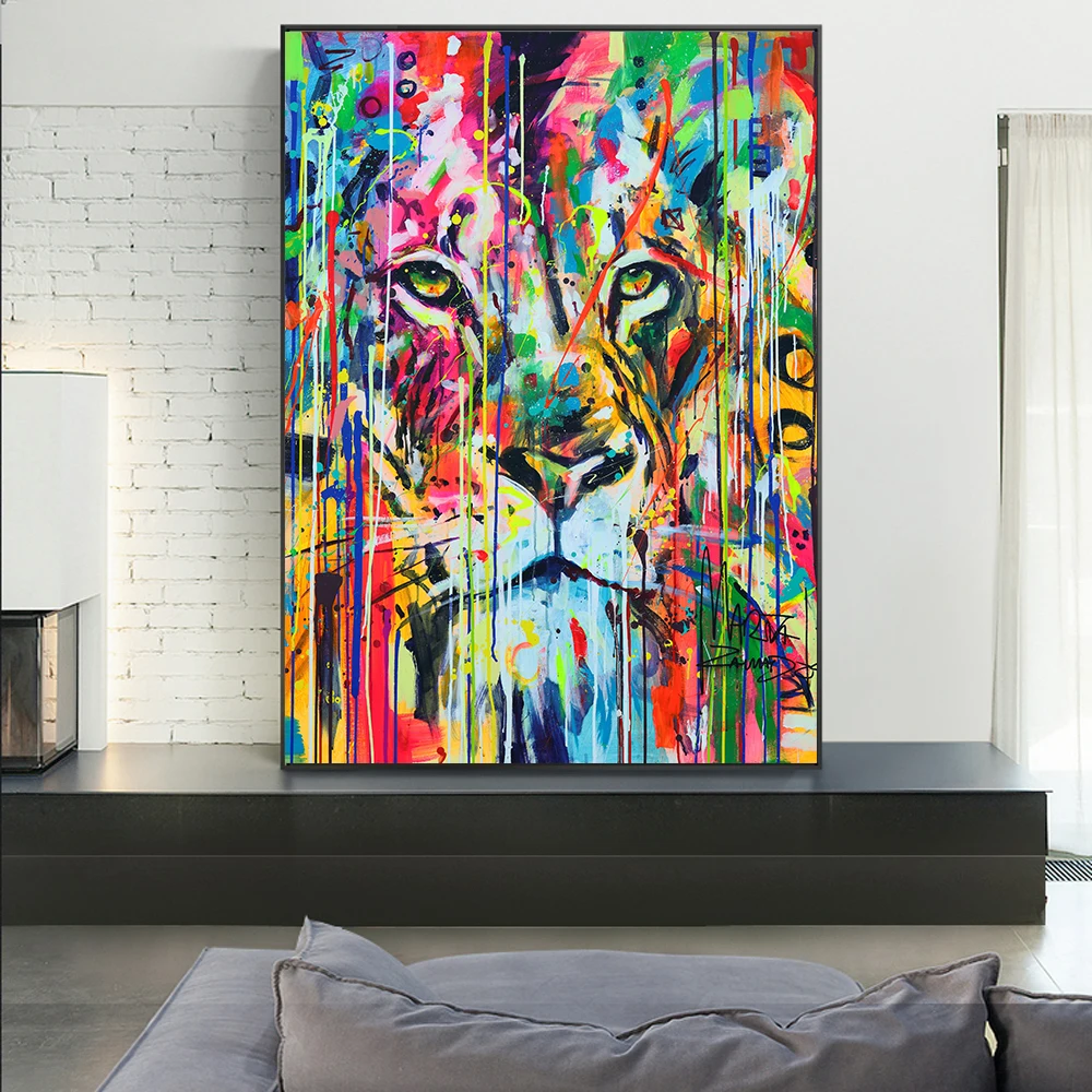 

Street Art Canvas Painting Abstract Wildlife Graffiti Colorful Lion Poster Printing Wall Pictures for Living Room Home Decor