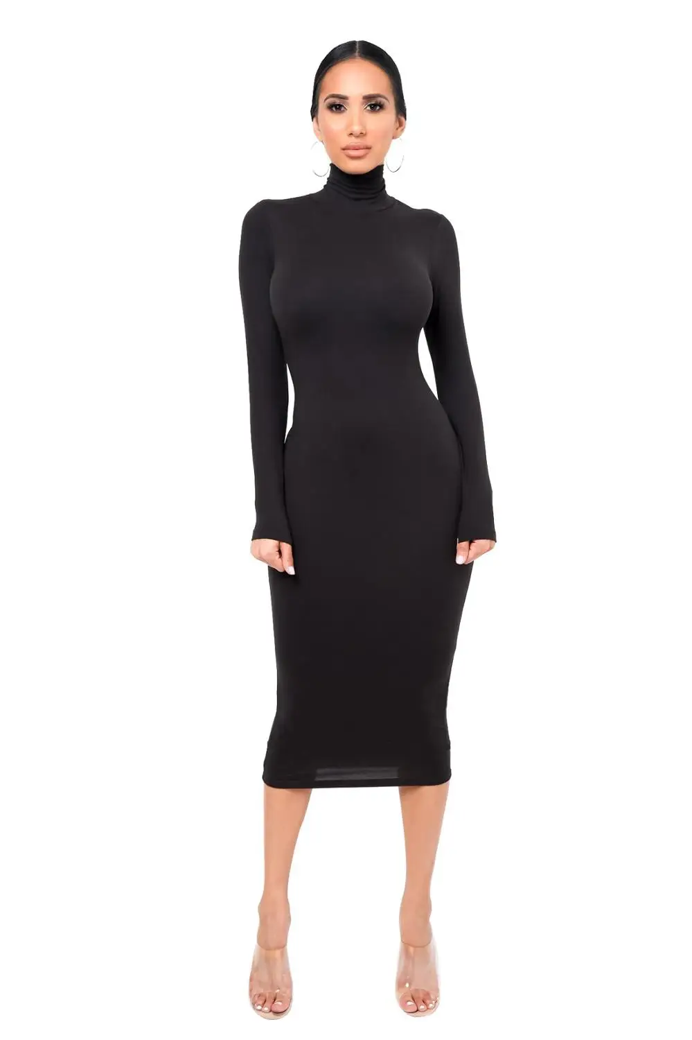 Sexy Women Long Sleeve Turtleneck Bodycon Dress Autumn Winter New Solid Casual Slim Package Hip Thick Fashion Party Vestidos
