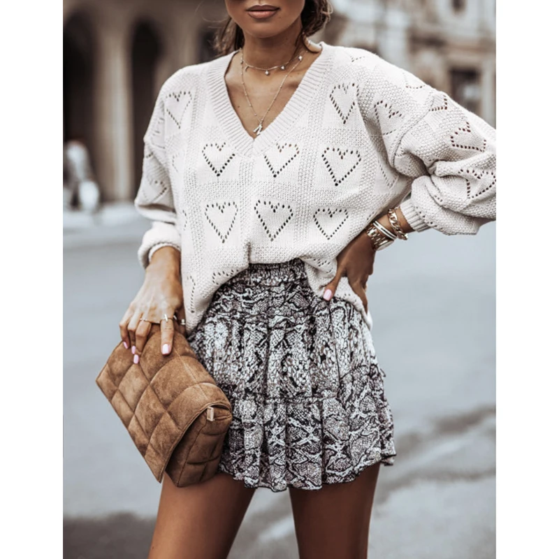 

Women Hollow-out V Neck Long Sleeve Knitted Sweater 2020 Spring Autumn Winter Loose Solid Casual Female Pullovers Tops