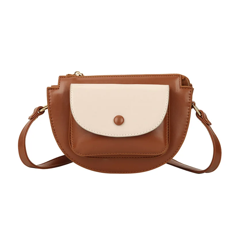 brown Mododiino Patchwork Saddle Bag Ladies Bag Contrast Color Shoulder Bag Simple Half Moon Women Bag Leather Crossbody Bag DNV1271 - Цвет: brown