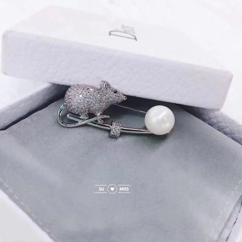 Бесплатная доставка серебряный цвет стразы CZ камень мышка крыса броши с жемчугом