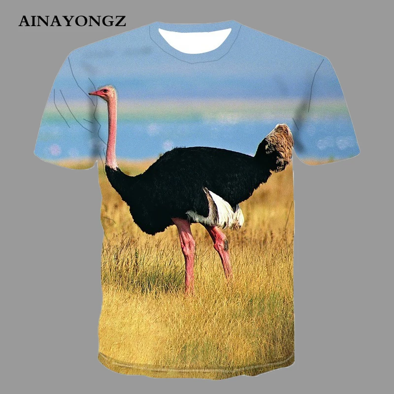 Ostrich Men's Top Tees Summer Casual Short Sleeve Shirt Birds Animal 3D Printing Tshirt Youth Popular O-neck Oversized T-shirt