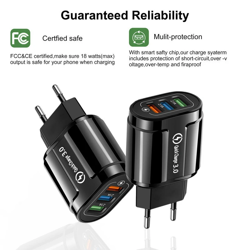 3 порта USB зарядное устройство EU/USA быстрое для iPhone 6 7 8 Plus X XR XS Max Xiaomi настенное