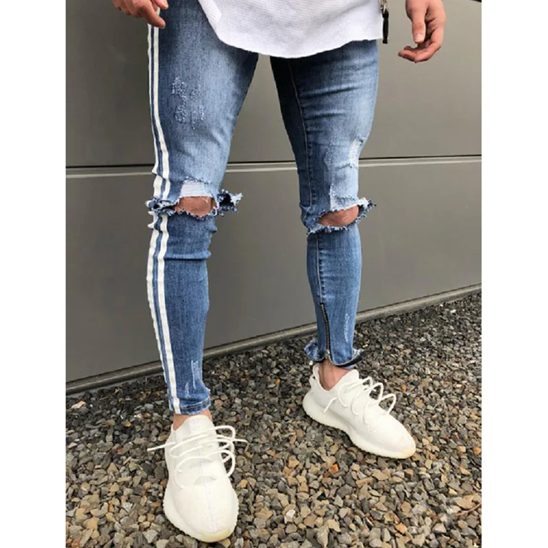

Mens Striped Destroyed Hole Jeans Elastic White Side Stripe Jeans for Men New Skinny Streetwear Hip Hop Denim Pants Slim Fit 3XL
