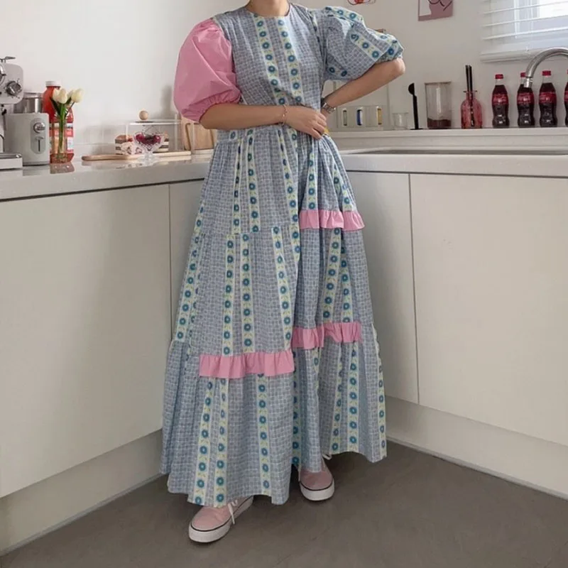 

Color Patchwork summer woman dress O Neck High Waist Korean holiday dresses women puff Sleeves A-Line vestidos 2021