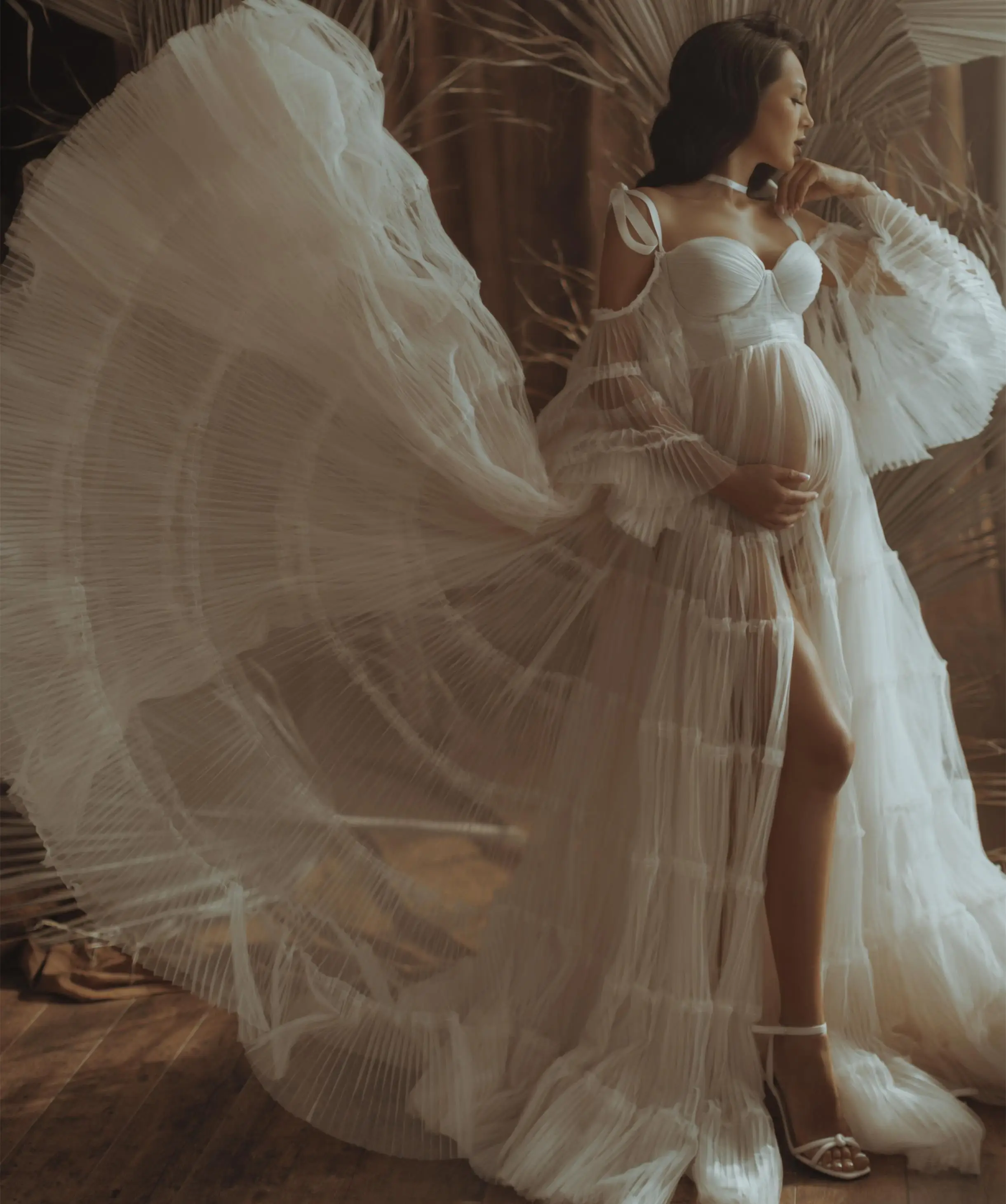 

Elegant Maternity Dress Gown for Photo Shoot Props Split Maternity Photography Tulle Gown Costume Bridal Dress Bathrobe