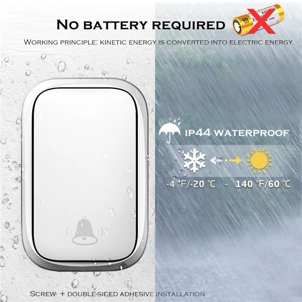 Водонепроницаемый беспроводной дверной звонок CACAZI с автономным питанием для