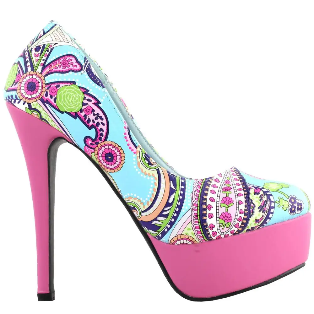 

LF80885 SHOW STORY Amazing Floral Pattern Round Toe Platform Stiletto High Heel Pumps