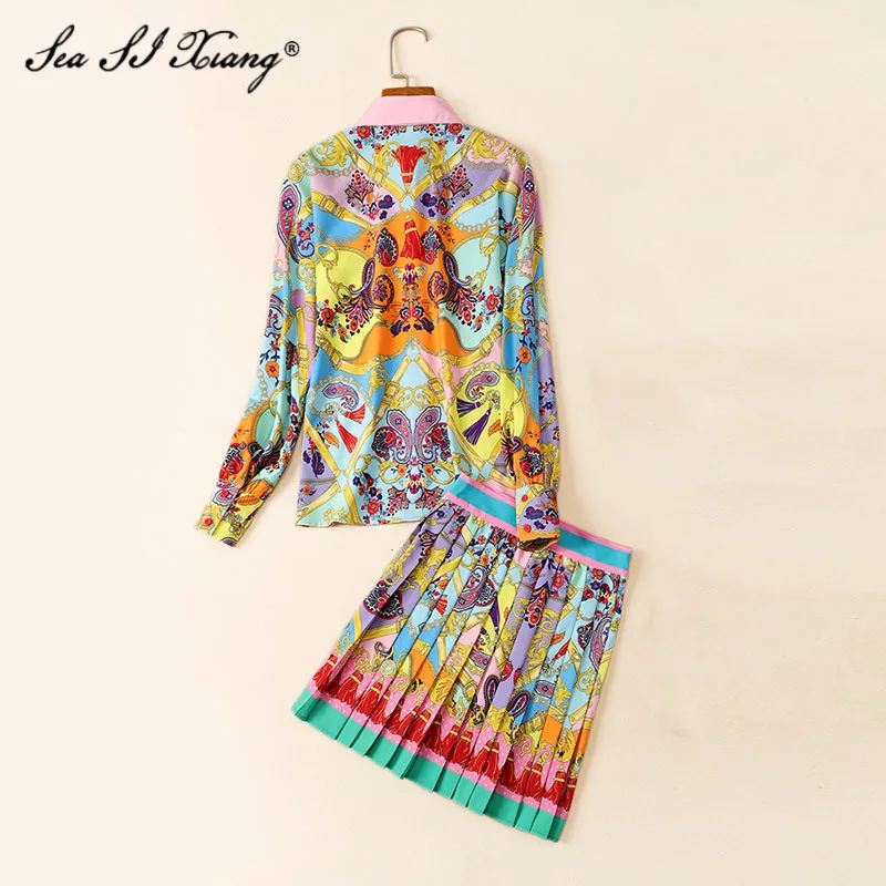 Seasixiang-Conjunto de dos piezas formado por Top y falda, camisa con cuello vuelto, para mujer