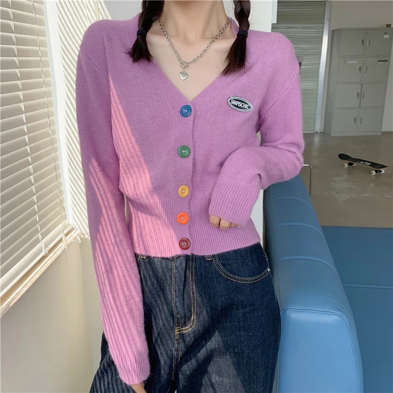 

CN 2021 Spring Autumn Sweaters Women V Neck Candy Colors Buttons Knitted Cardigan Casual Cute Short Women Sweater