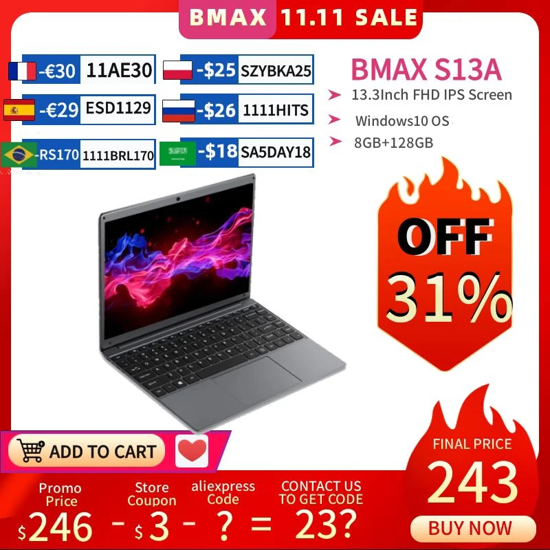 

Ноутбук BMAX S13A, 13,3 дюйма, Intel Celeron N3350 1920x108 0 IPS, 8 Гб ОЗУ 128 Гб ПЗУ, ноутбуки, Windows 10, компьютер, ПК, портативный нетбук