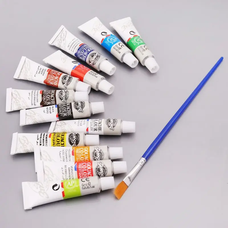 

L21B 12 Colors Gouache Paint Tubes Set 6ml Draw Painting Pigment Painting With Brush Art Supplies