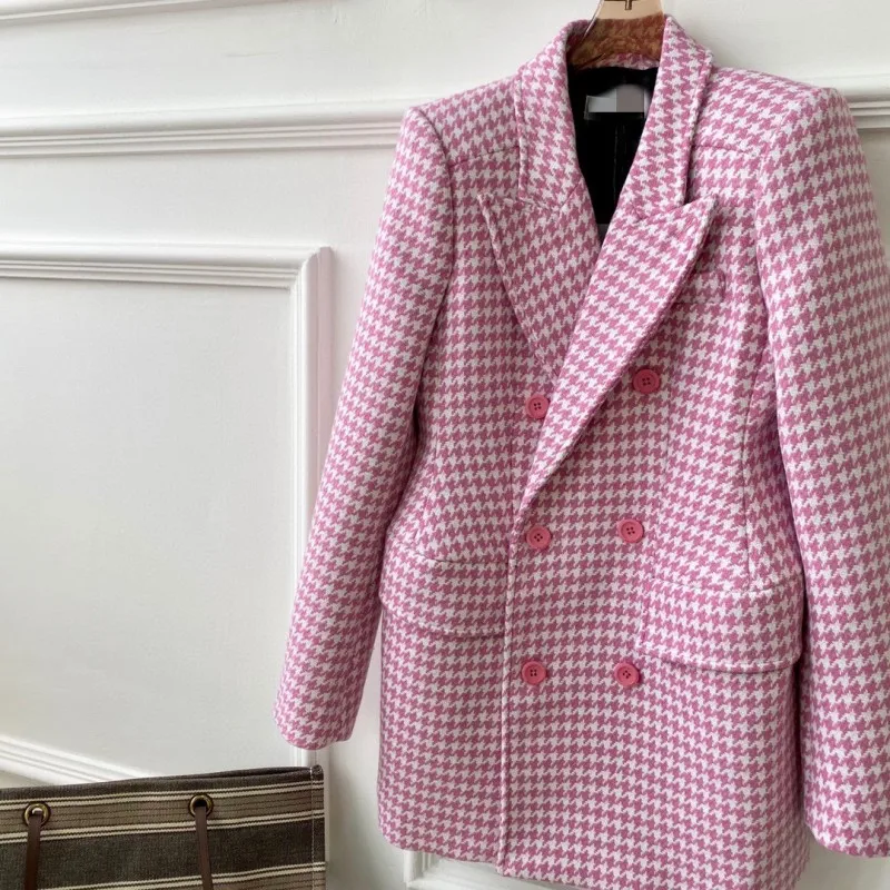

Office Pink Plaid Tweed Coat Women Fashion Double Breasted Medium Long Suit Jacket Vintage Elegant Slim Full Sleeve Outwear