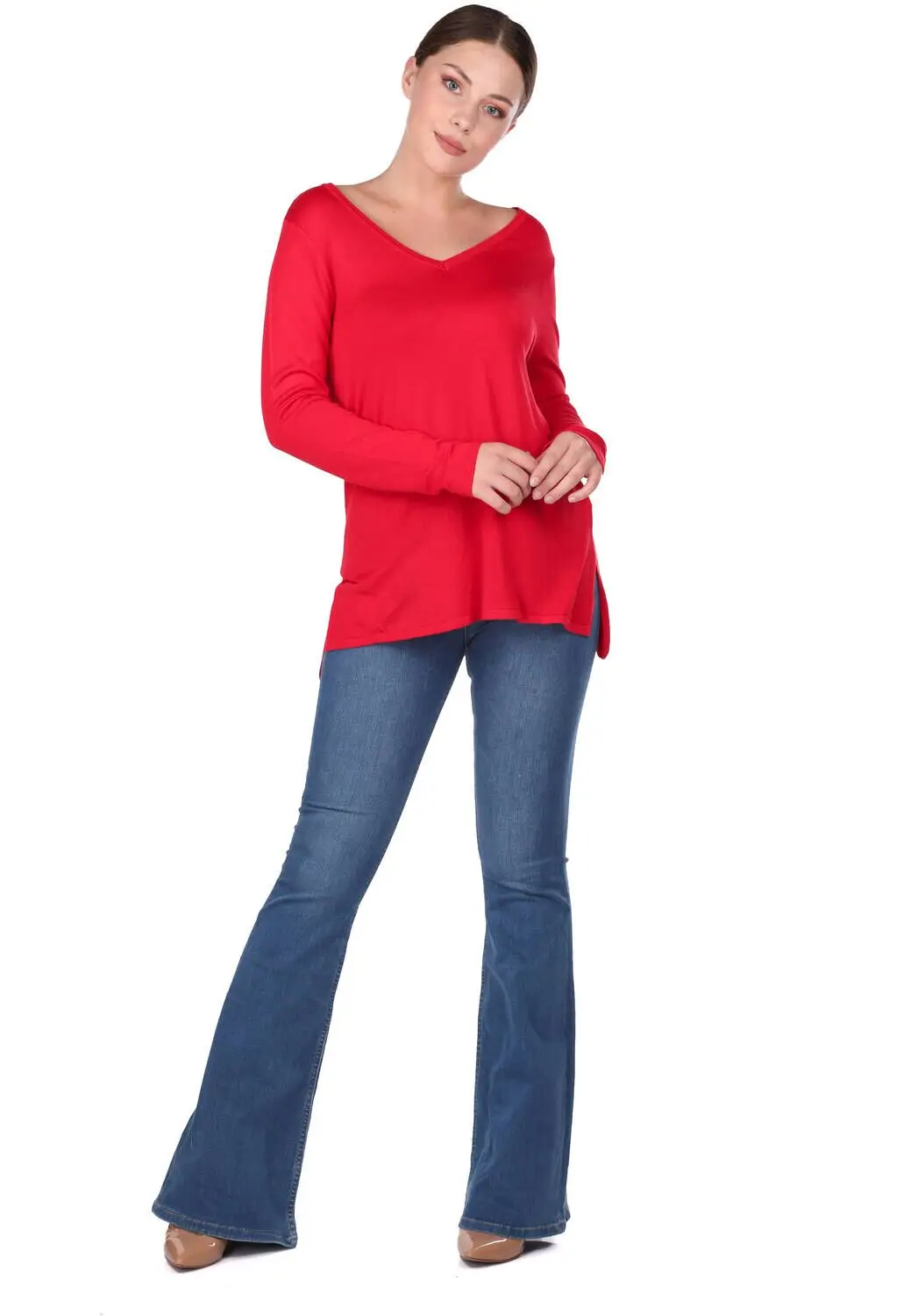 

Red V Neck Womens Knitwear Sweater