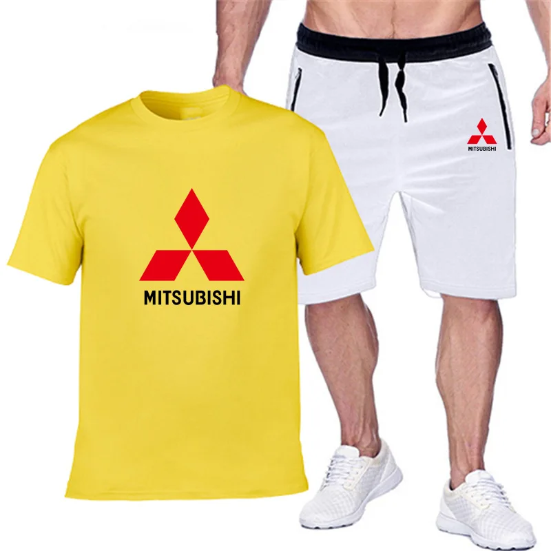 

New Summer Mens Mitsubishi Car Logo Tracksuit Cotton Short-Sleeved T-Shirt+Shorts Casual Sportswear Fitnessclothes Male Suit