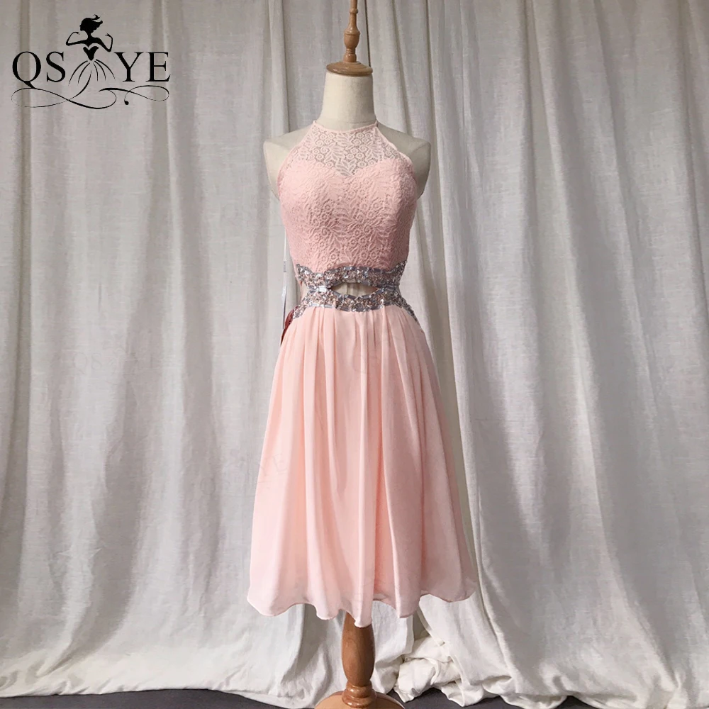 

QSYYE Blush Short Homecoming Dresses Lace Chiffon Prom Gown Halter Neck Crystals Belt Girl Lady Party Gown
