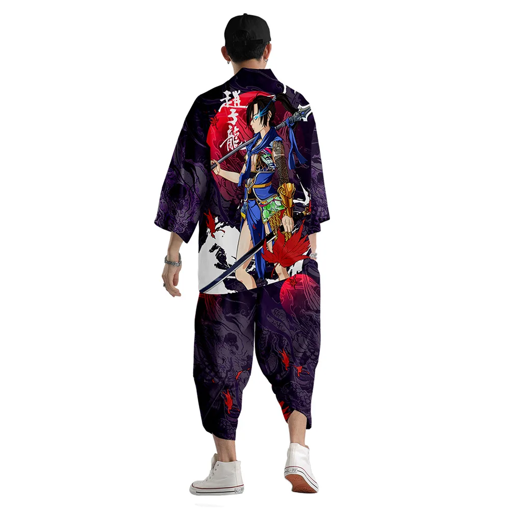 Man Japanese Kimono Blouse Yukata Male Samurai Costume Haori Obi Men's Kimono Cardigan Japanese Streetwear Jacket Pants DE33