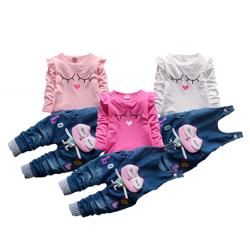 

Spring And Autumn Girls' Clothing Casual Cotton Cartoon Pattern Long Sleeve Shirt + Strap Jeans 2-Piece Girls Outfits