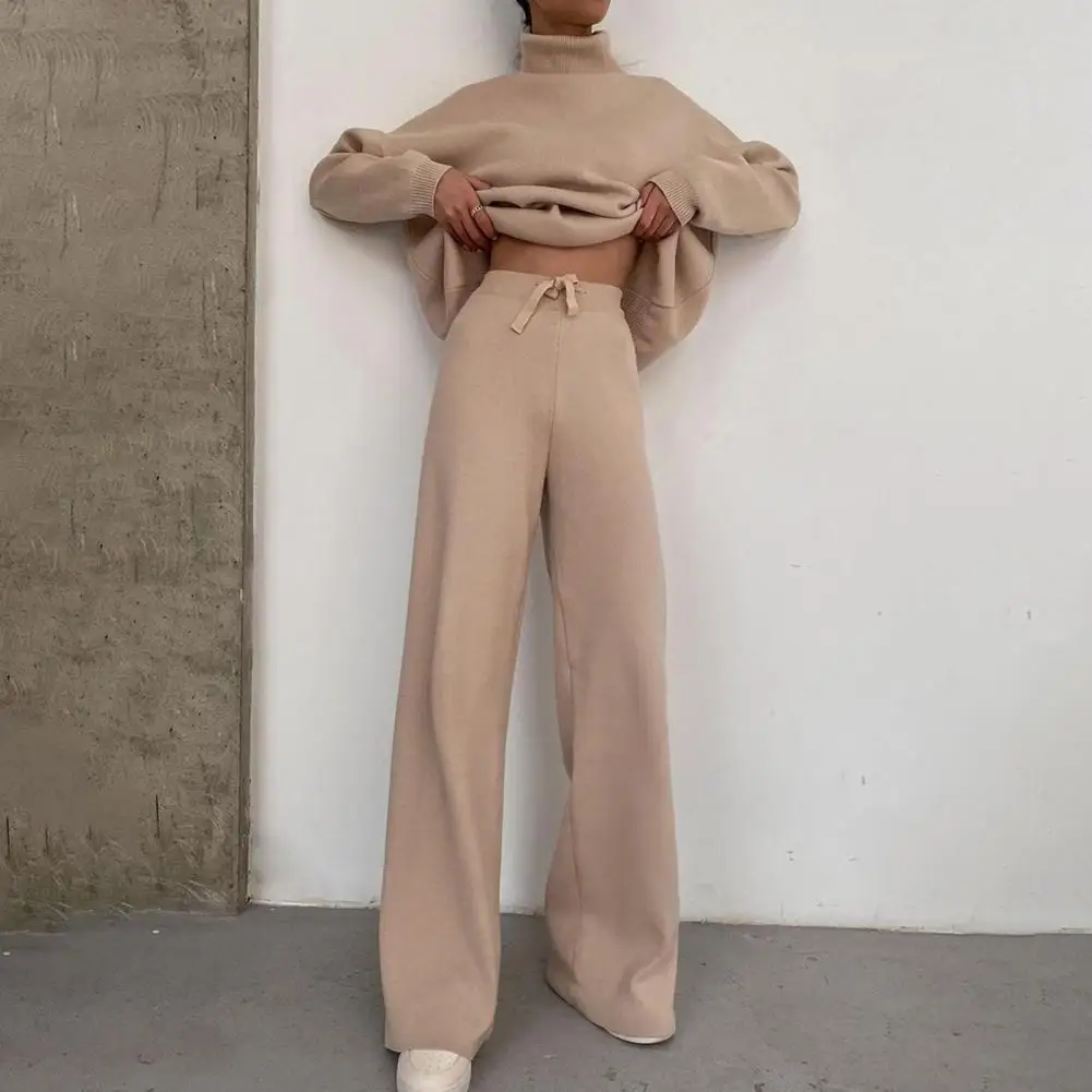 

1 Set Top Pants Sets Women Tracksuit Solid Color 2021 Autumn Winter Thick Pullover Wide Leg Pants Outfits Women's Sets