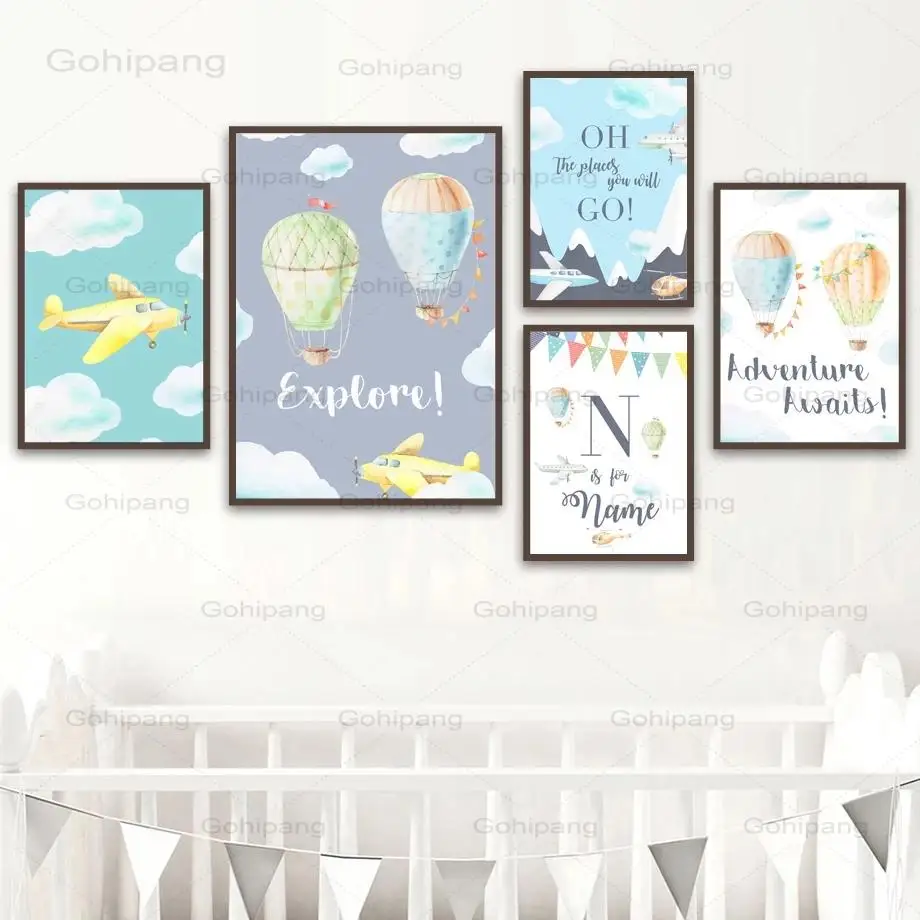 

Canvas Painting Airplane Balloon Mountain Brave Wall Art Posters and Prints Wall Cartoon Nordic Picture Girl Boy Kids Room Decor