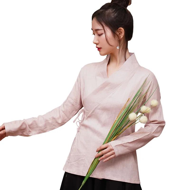 

Hanfu Female Costume Daily Spring Summer Chinese Original Long-Sleeved Shirt Retro Long-Sleeved Student Cotton Linen T-Shirt